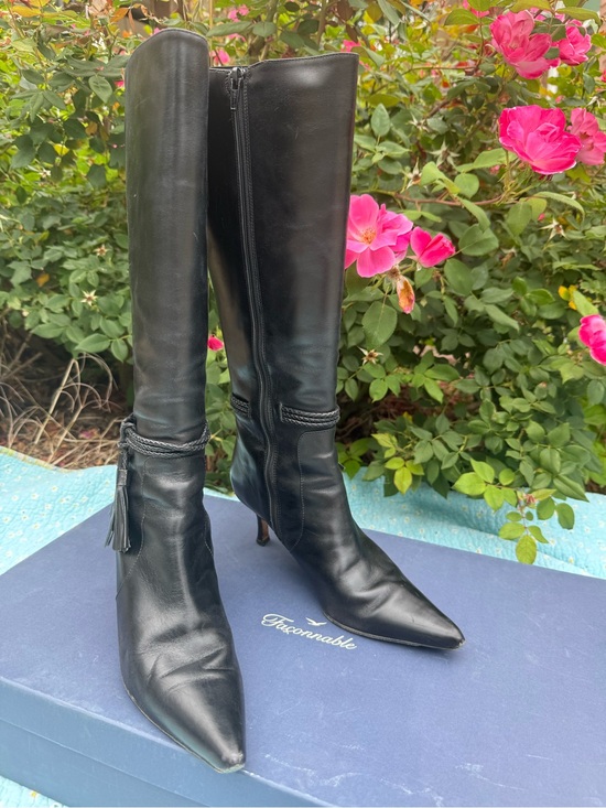 Faconnable Shoes - Faconnable Black Leather Knee-High Pointed-Toe Tassel Boots